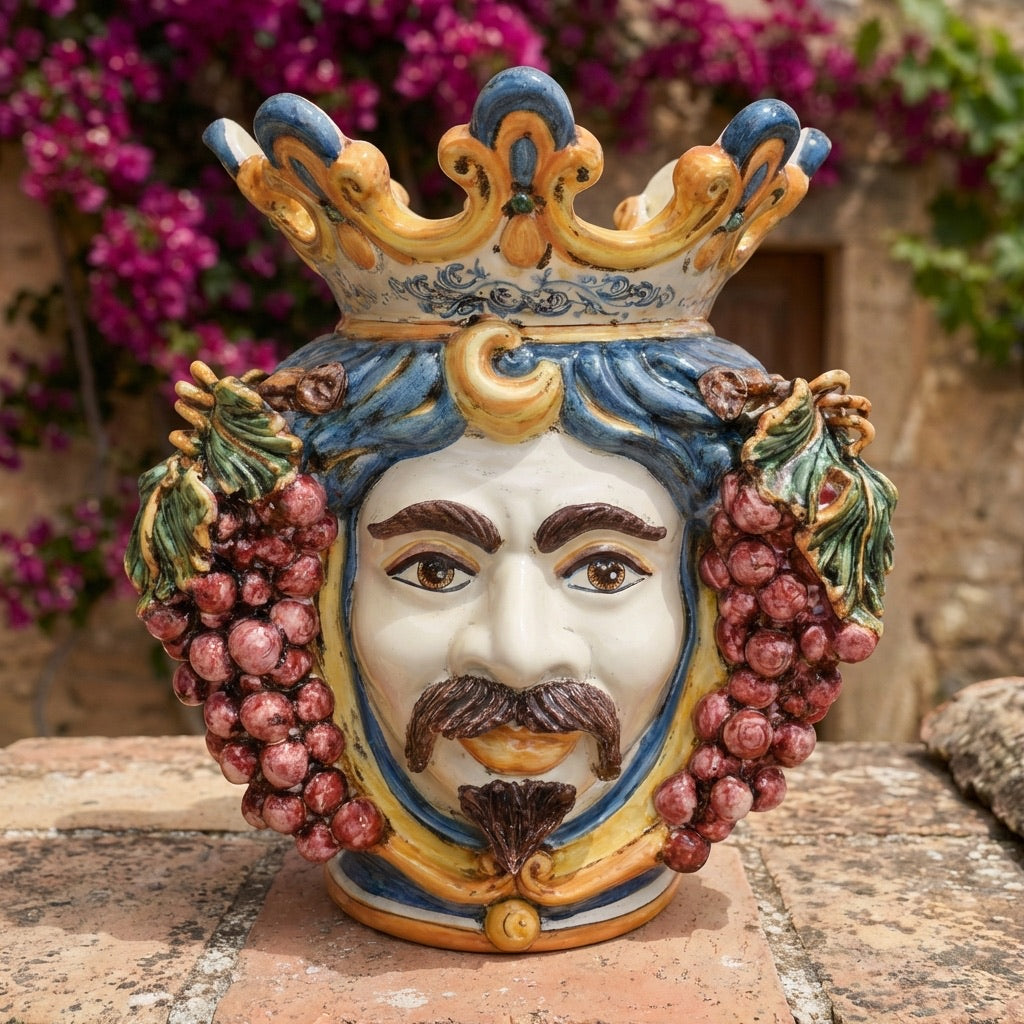 Ceramic Head with grapes h 40 blue/orange male