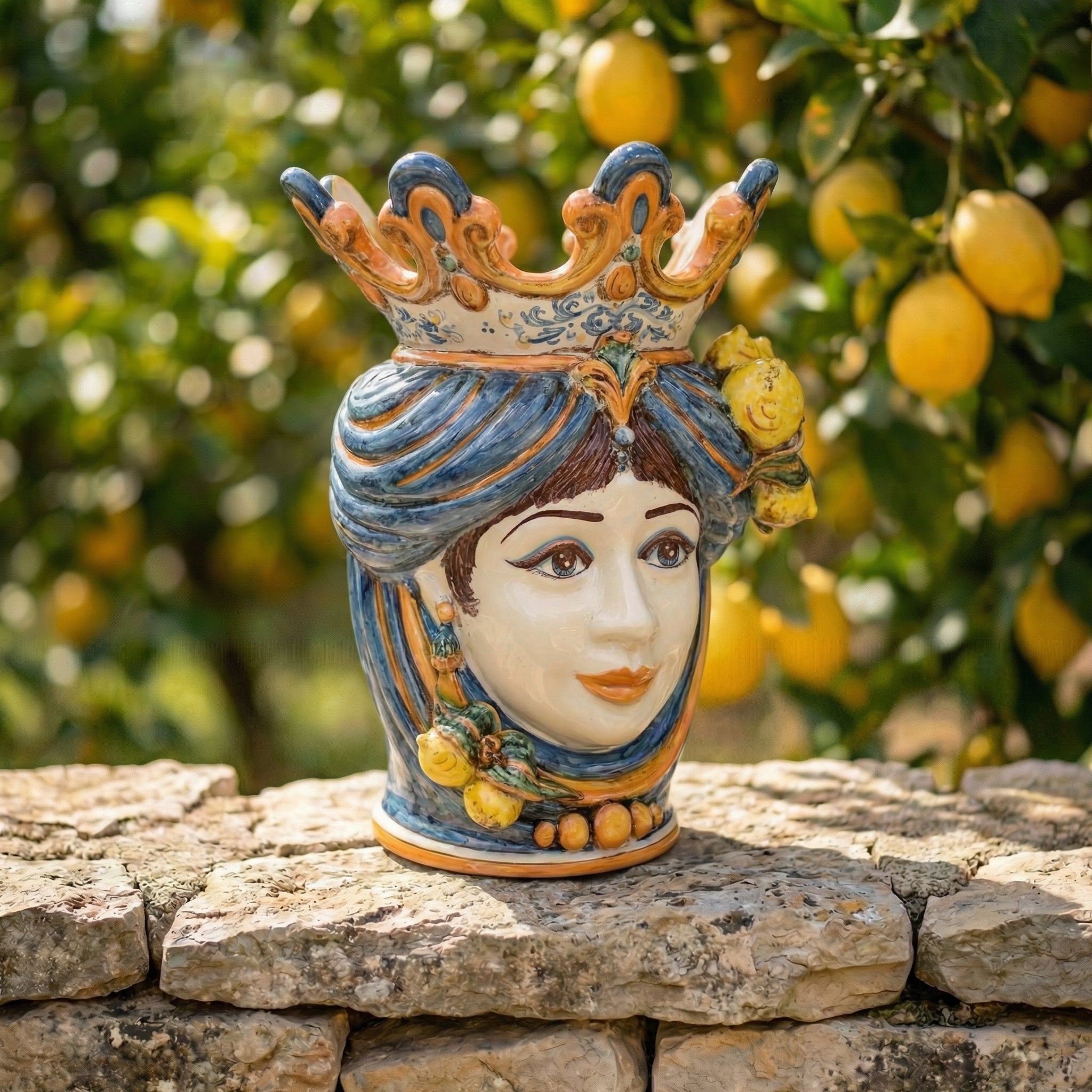 Sicilian Moor's Head with Lemons H 40 cm / 15.7", Woman, Blue and Orange – Testa di Moro from Caltagirone, Sicily