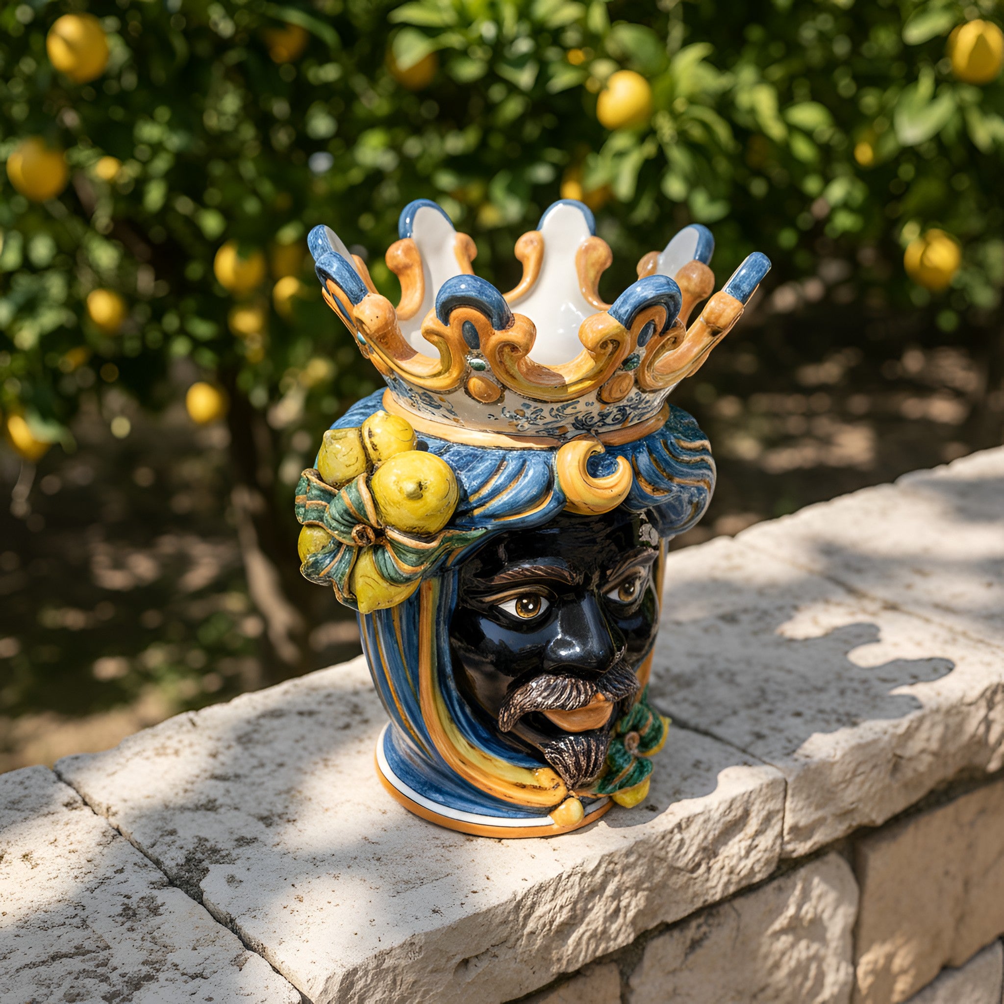 Ceramic Head with lemons h 40 blu/orange male