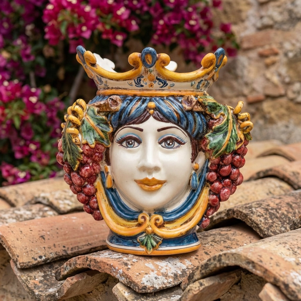 Sicilian Head Vase with Grapes H 25 cm / 9.8", Woman, Blue and Orange – Testa di Moro from Caltagirone, Sicily