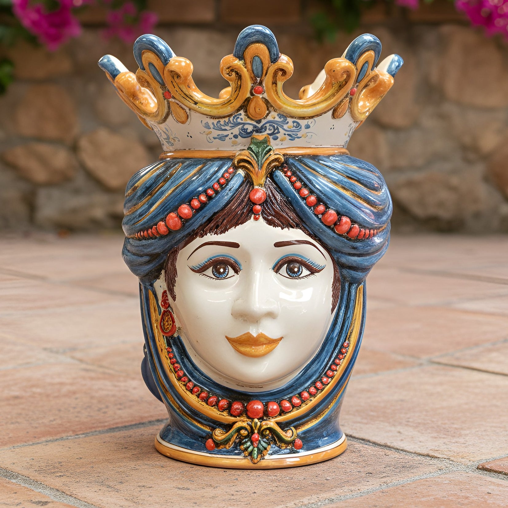 Caltagirone Moor's Head Vase h 40 cm — Female, Decoro Sicily, with Beads | Ceramica Caltagirone