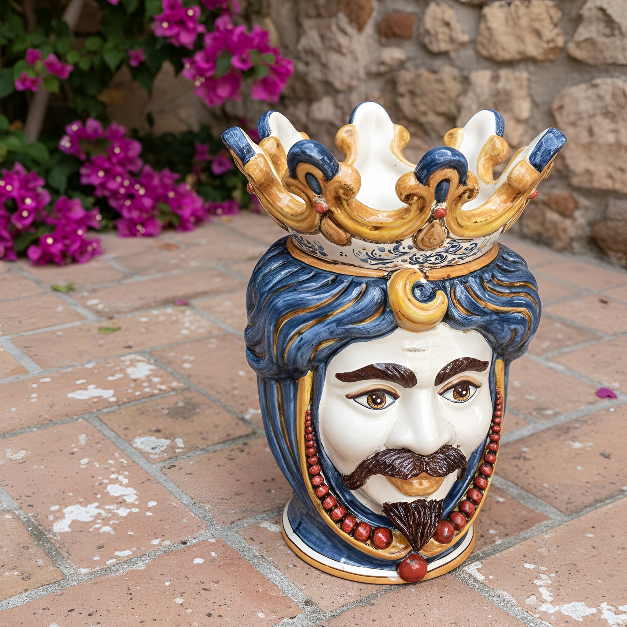 Caltagirone Moor's Head Vase h 40 cm — White Male, Decoro Sicily, with Beads | Ceramica Caltagirone