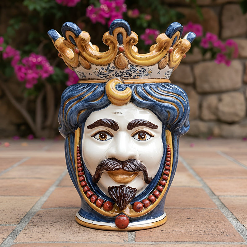 Moor's Head Vase with Beads H 40 cm / 15.7", White Man, Decoro Sicily – Testa di Moro from Caltagirone, Sicily