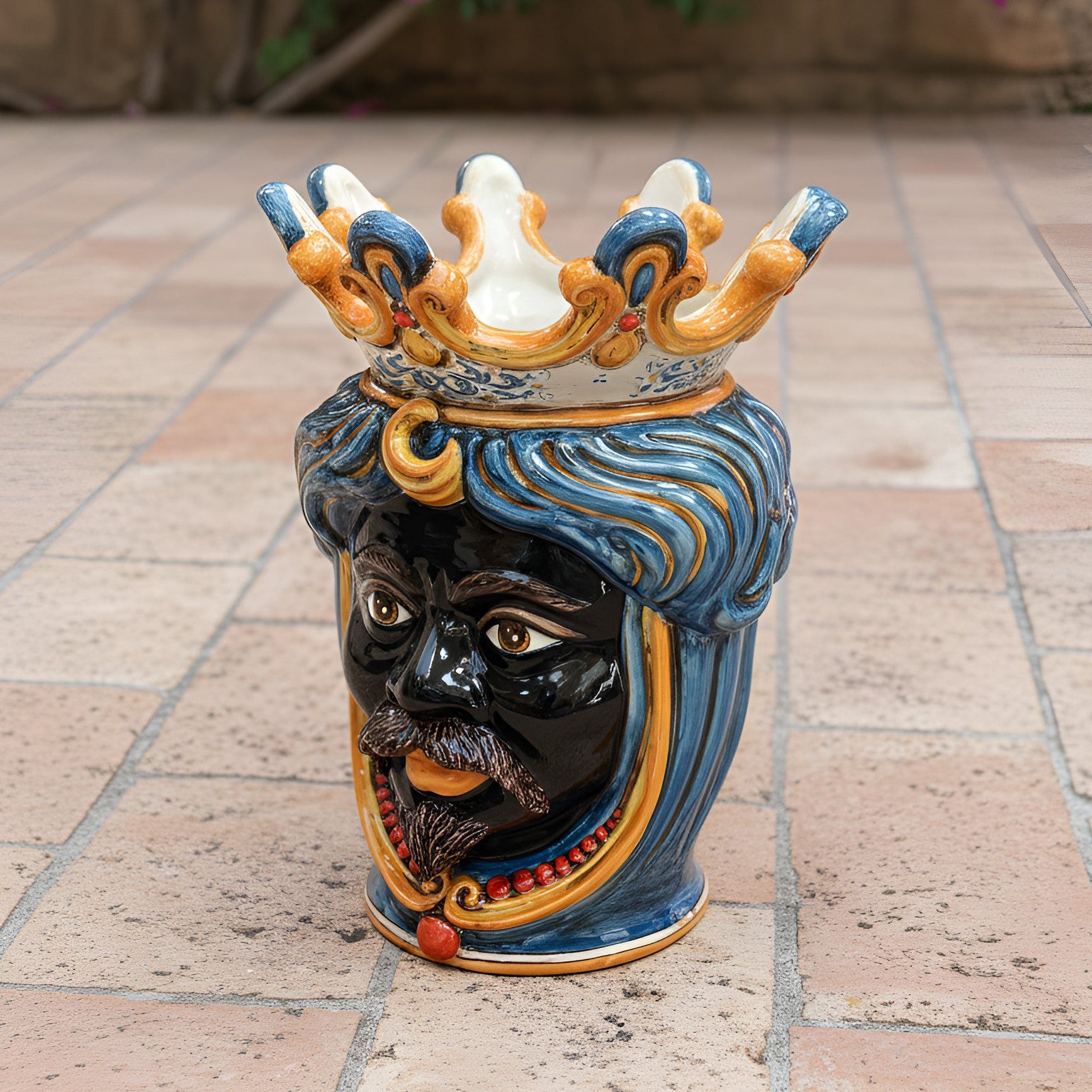Caltagirone Moor's Head Vase h 40 cm — Moro Male, Decoro Sicily, with Beads | Ceramica Caltagirone