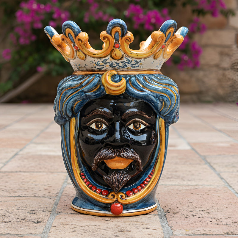 Sicilian Head Vase with Beads H 40 cm / 15.7", Moro Man, Decoro Sicily – Testa di Moro from Caltagirone, Sicily