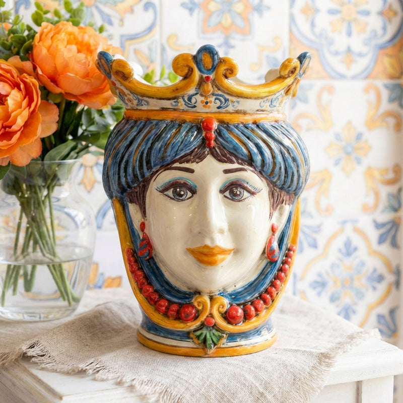 Sicilian Moor's Head with Beads H 25 cm / 9.8", Woman, Decoro Sicily – Testa di Moro from Caltagirone, Sicily