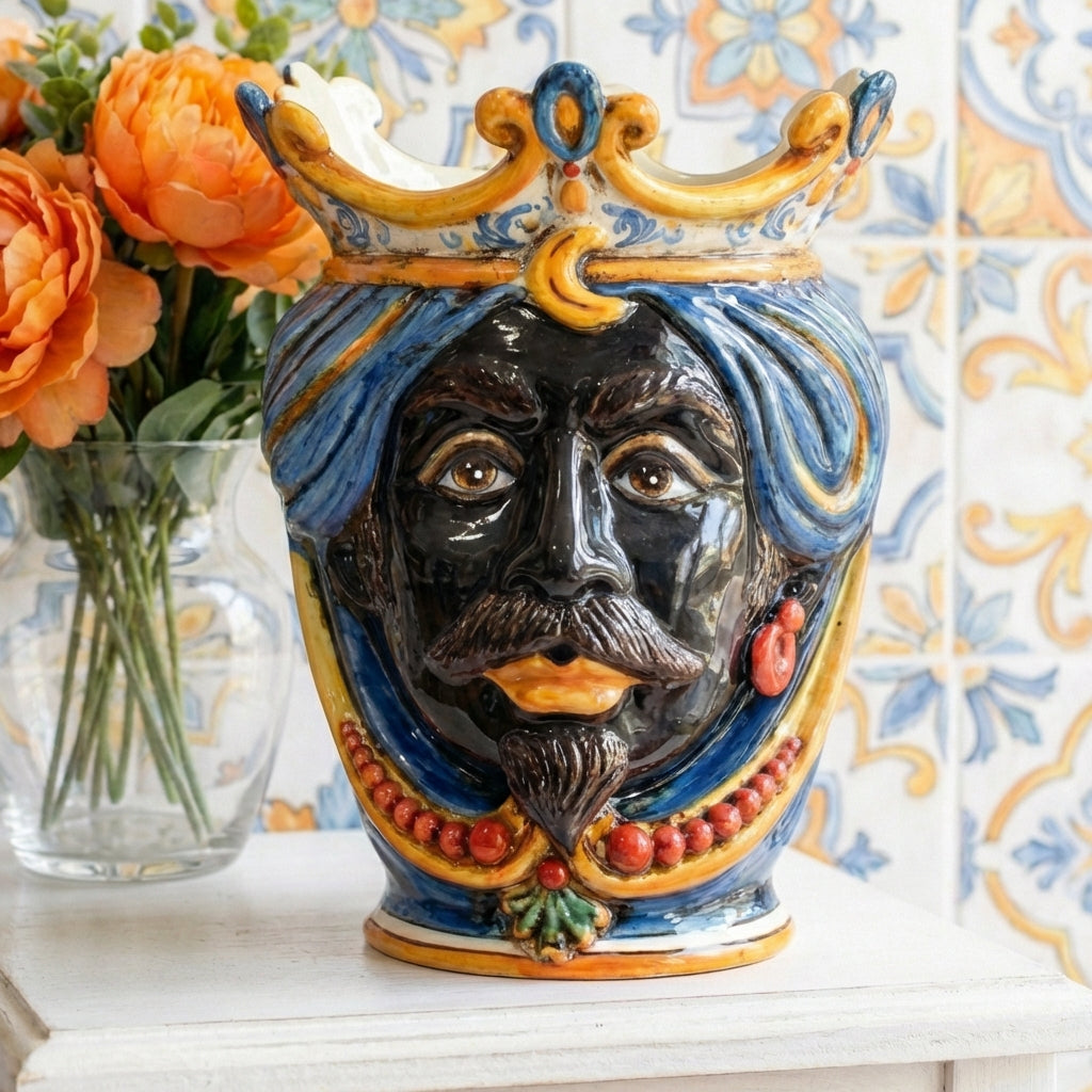 Sicilian Moor's Head with Beads H 25 cm / 9.8", Moro Man, Decoro Sicily – Testa di Moro from Caltagirone, Sicily
