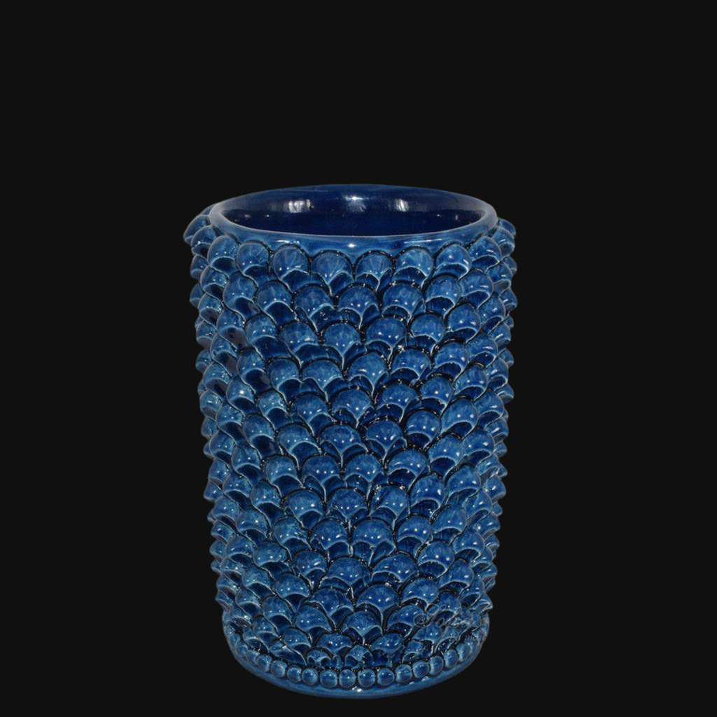 Caltagirone handmade pinecone vase modeled by hand height 25/40 in integral blue