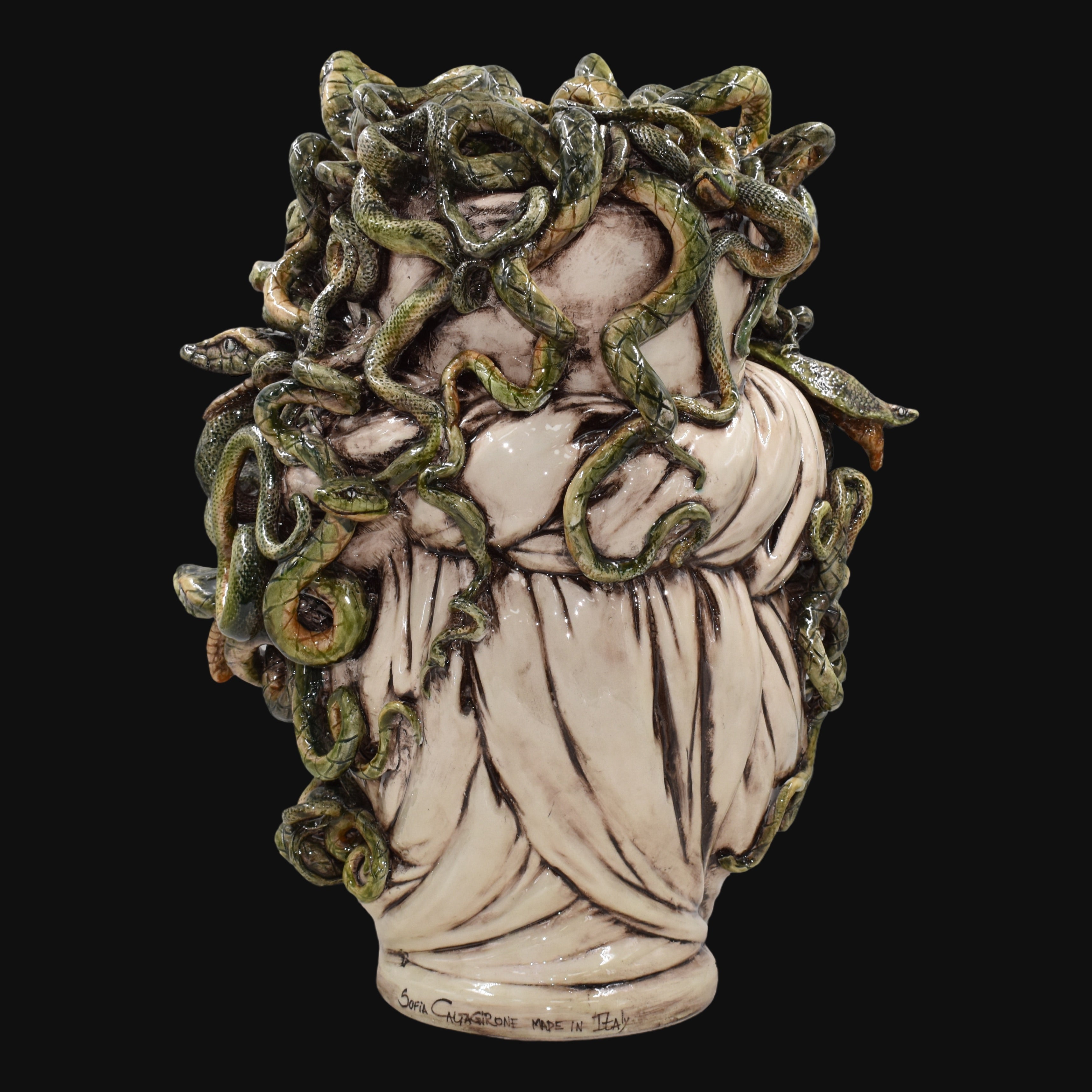Medusa Head Vase H 48 cm / 18.9", Antique Mother of Pearl – Testa di Moro from Caltagirone, Sicily