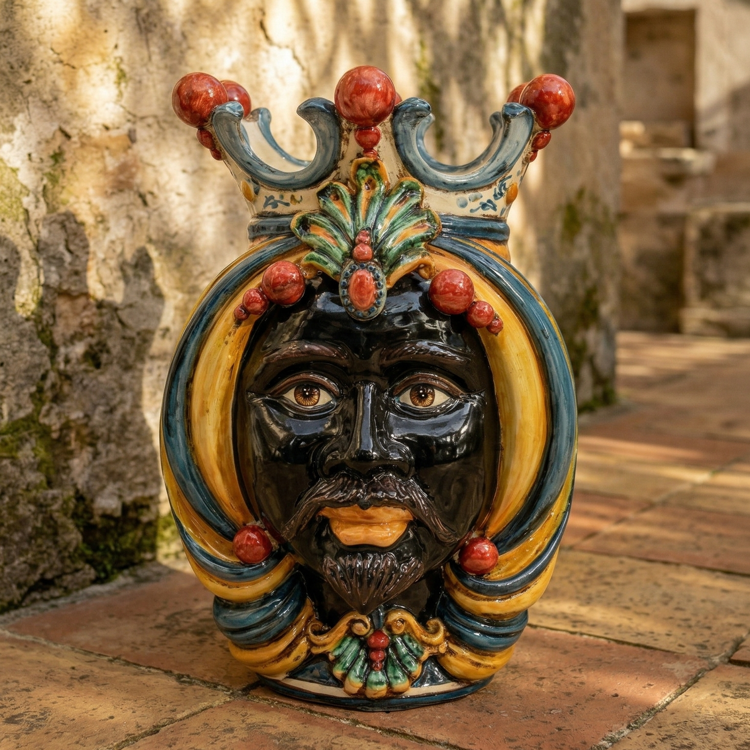 Sicilian Moor's Head H 38 cm / 15", Moro Man, Decoro Sicily – Testa di Moro from Caltagirone, Sicily