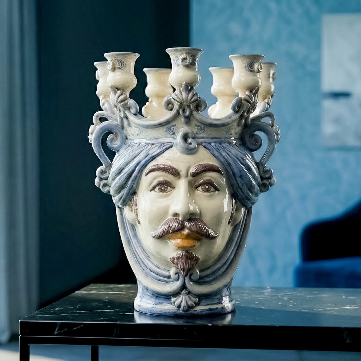 Sicilian Moor's Head Candle Holder H 25 cm / 9.8", White Man, Mono Blue – Testa di Moro from Caltagirone, Sicily