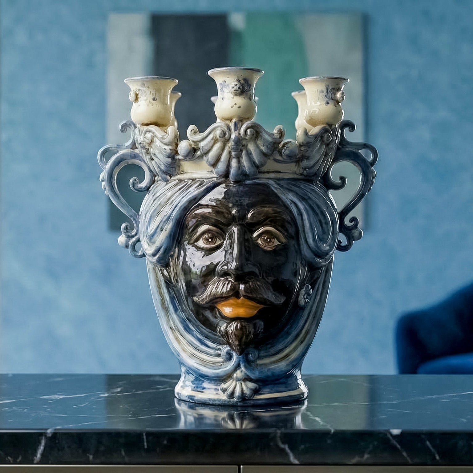 Sicilian Moor's Head Candle Holder H 25 cm / 9.8", Moro Man, Mono Blue – Testa di Moro from Caltagirone, Sicily