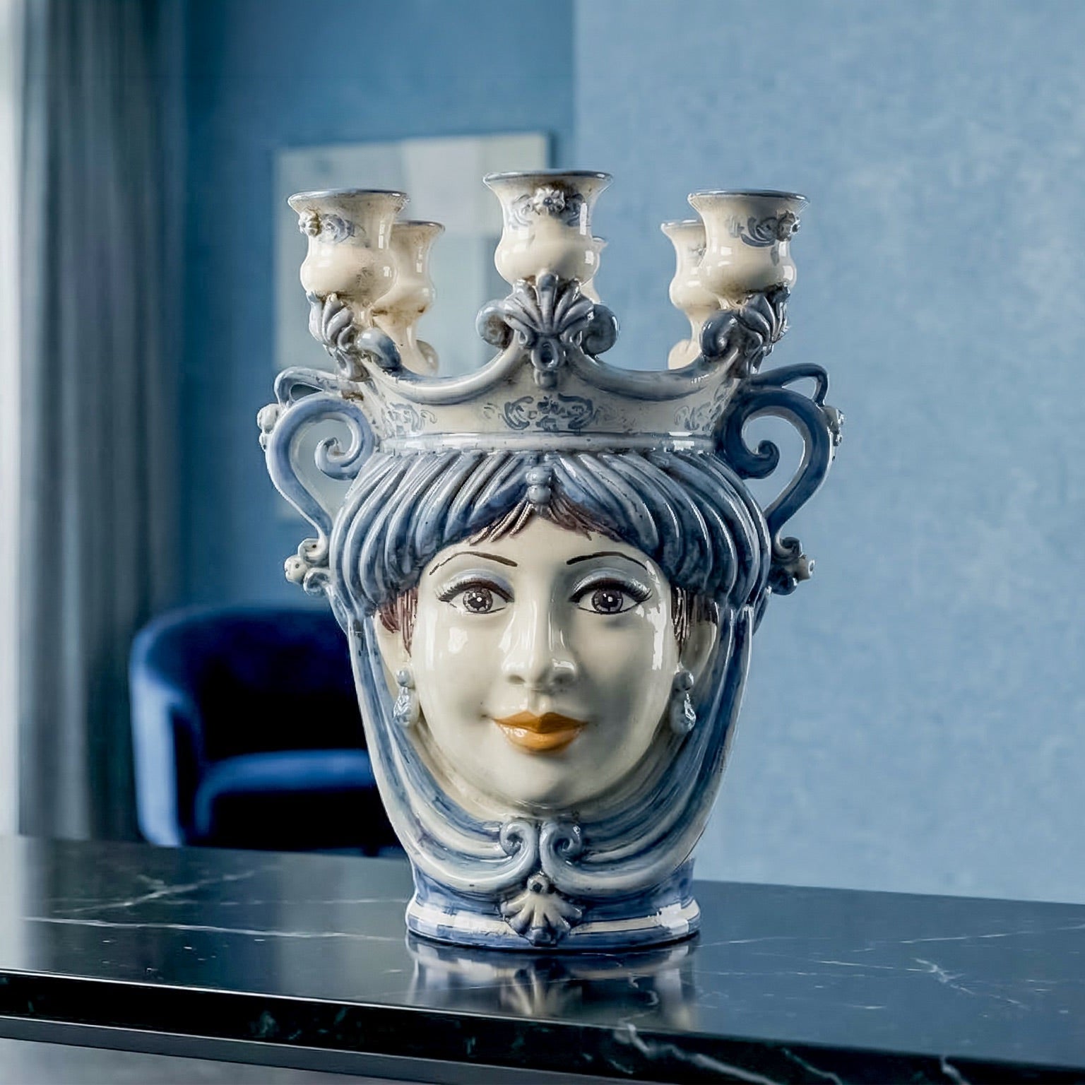 Moor's Head Vase Candle Holder H 25 cm / 9.8", Woman, Mono Blue – Testa di Moro from Caltagirone, Sicily