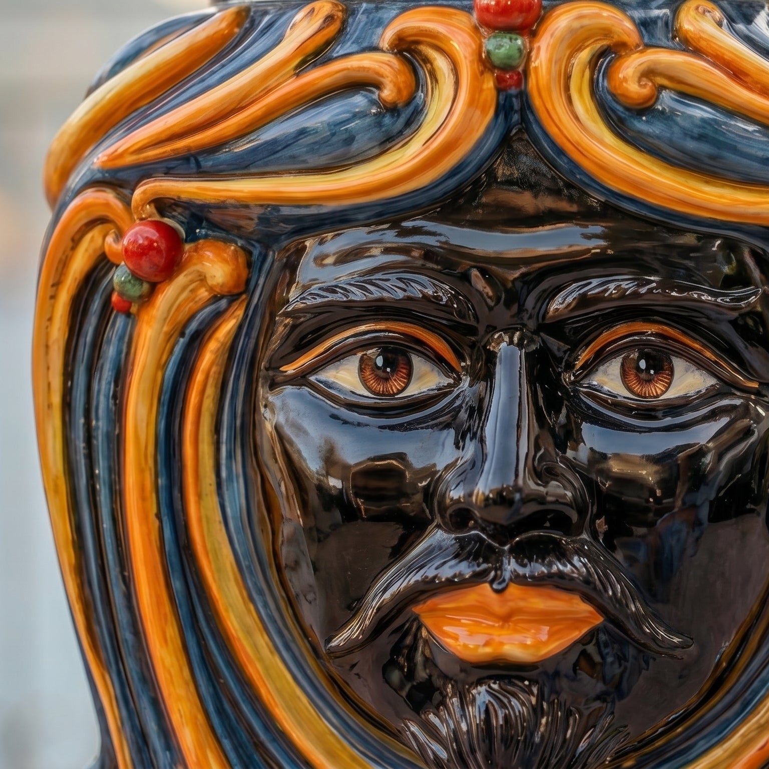 Sicilian Ceramic Ottoman, Blue and Orange – Caltagirone Ceramic – Sicilian artisan tradition
