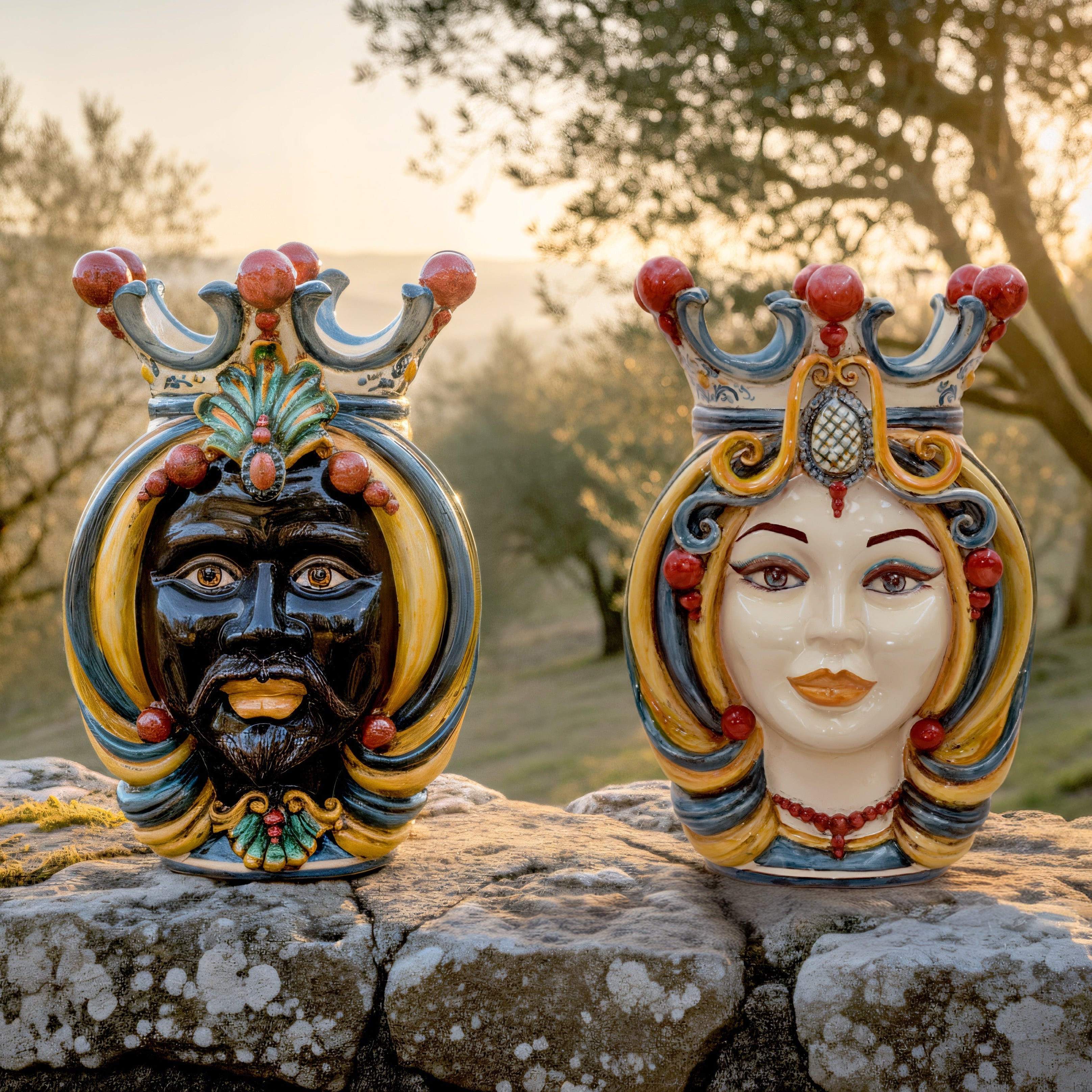 Ceramic Head of Sicily h 38 blu and orange female - Sofia Ceramiche artistic Ceramics