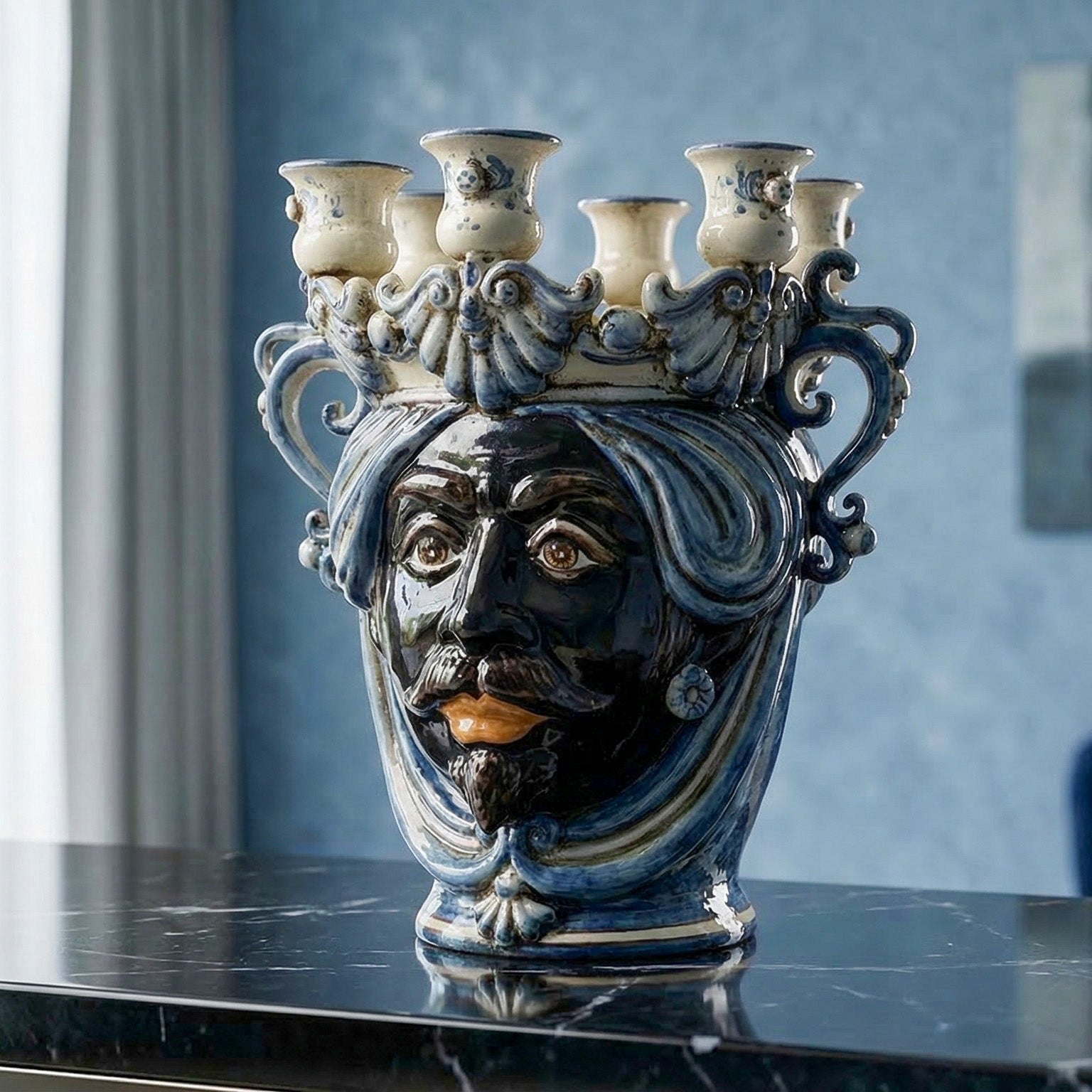 Sicilian Moor's Head Candle Holder H 25 cm / 9.8", Moro Man, Mono Blue – Testa di Moro from Caltagirone, Sicily