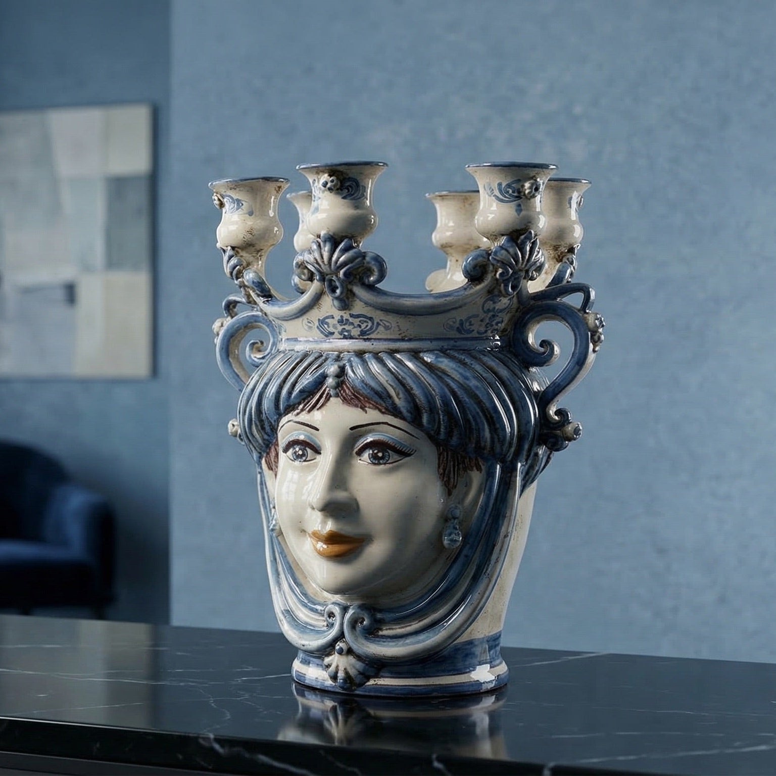 Moor's Head Vase Candle Holder H 25 cm / 9.8", Woman, Mono Blue – Testa di Moro from Caltagirone, Sicily