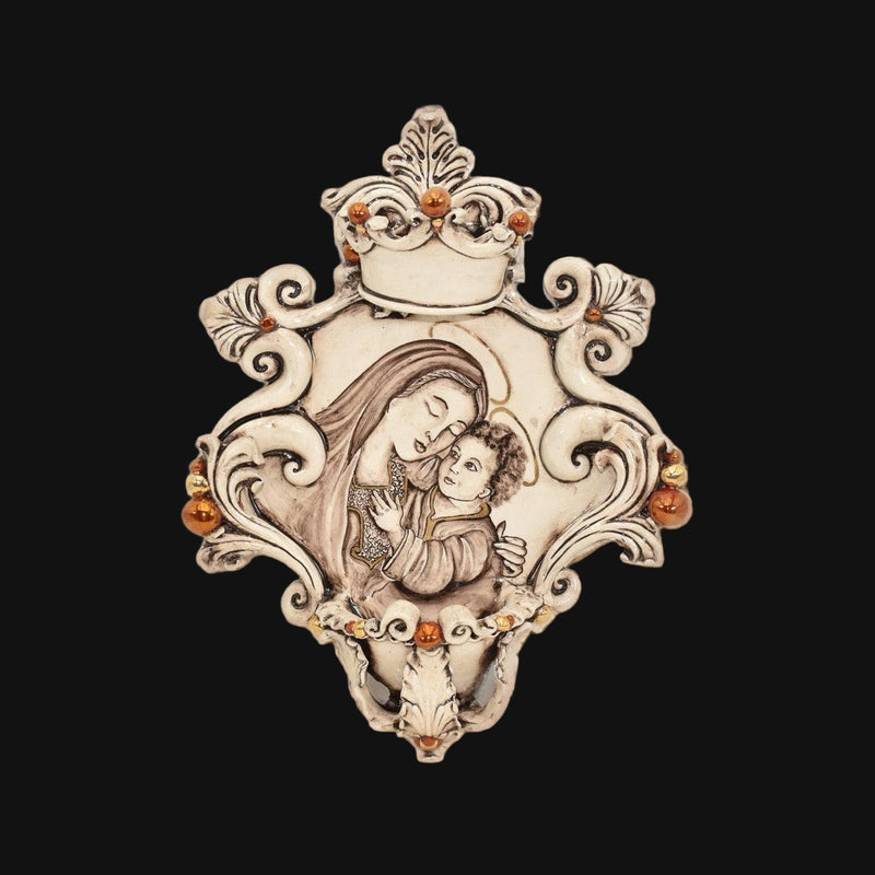Large Sicilian Holy Water Font 25×35 cm / 10×14", Madonna, Antique Mother of Pearl – Caltagirone Ceramic – Sicilian sacred craftsmanship