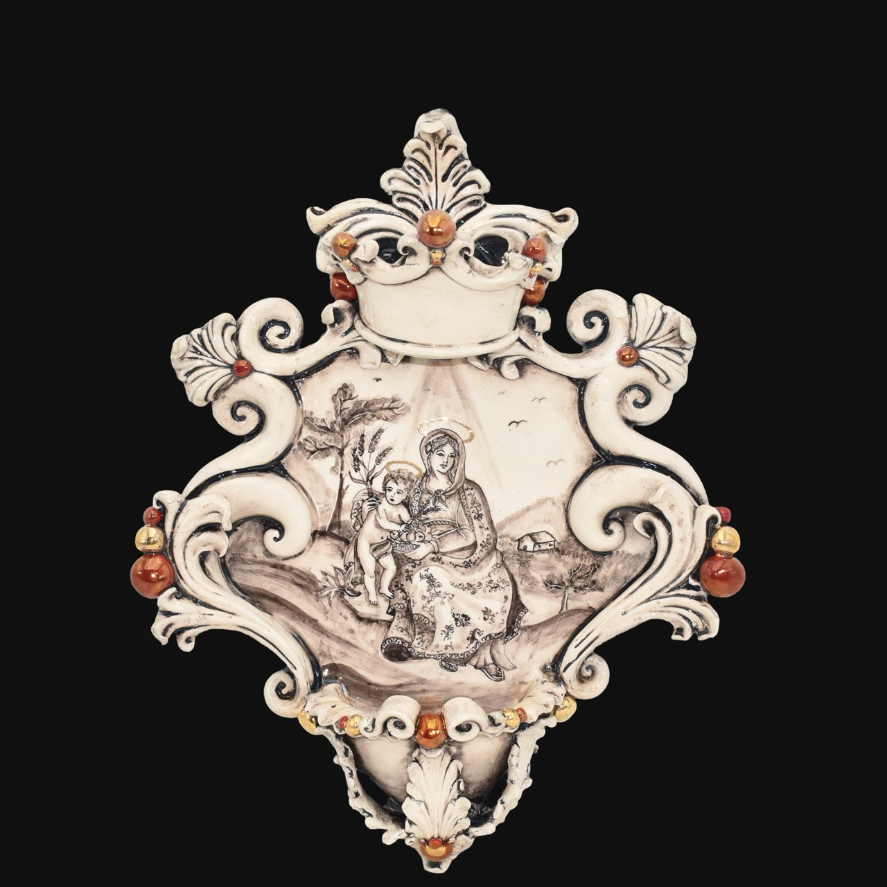 Acquasantiera grande appl 25×35 madonna valderice madreperla antichizzato oro e lustri - Serie Limitata - Ceramiche di Caltagirone Sofia