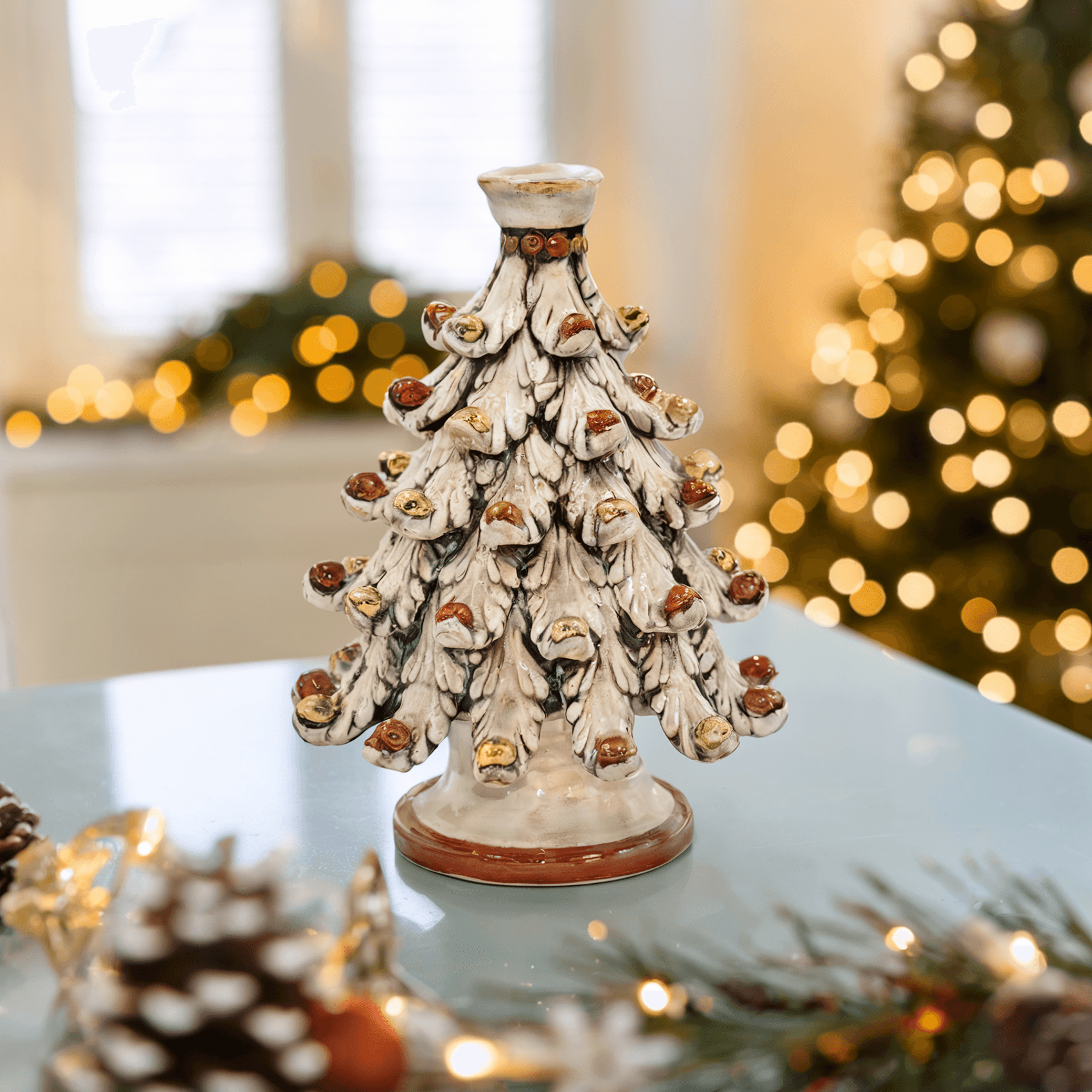 Albero di Natale a Portacandele Madreperla Oro e Lustri - Ceramiche di Caltagirone Sofia