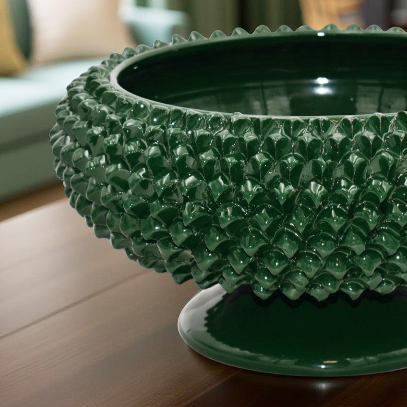 Hand-modeled Caltagirone Pine Cone Stand Antique Green