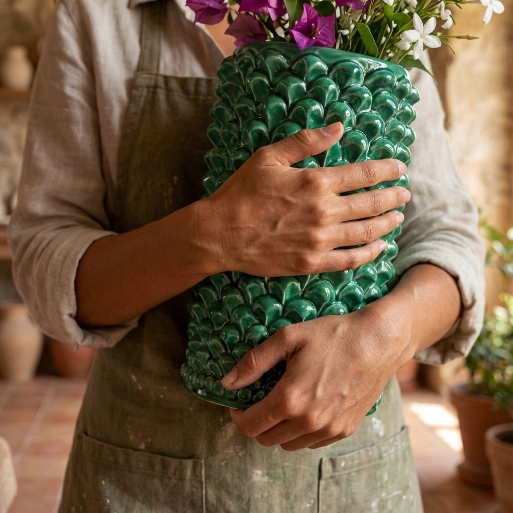 Vaso Pigna cilindro modellata a mano in verde smeraldo
