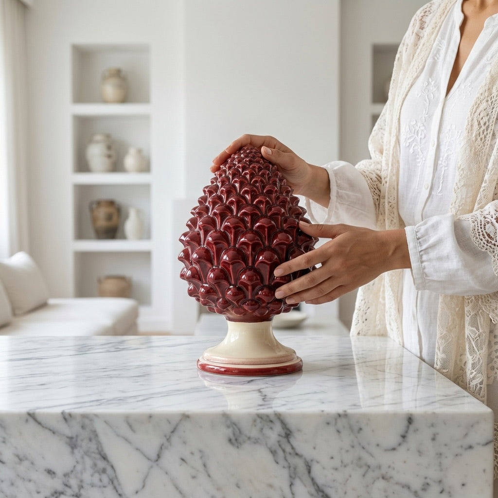 Caltagirone handmade pinecone modeled by hand height 15/35 in integral bordeaux