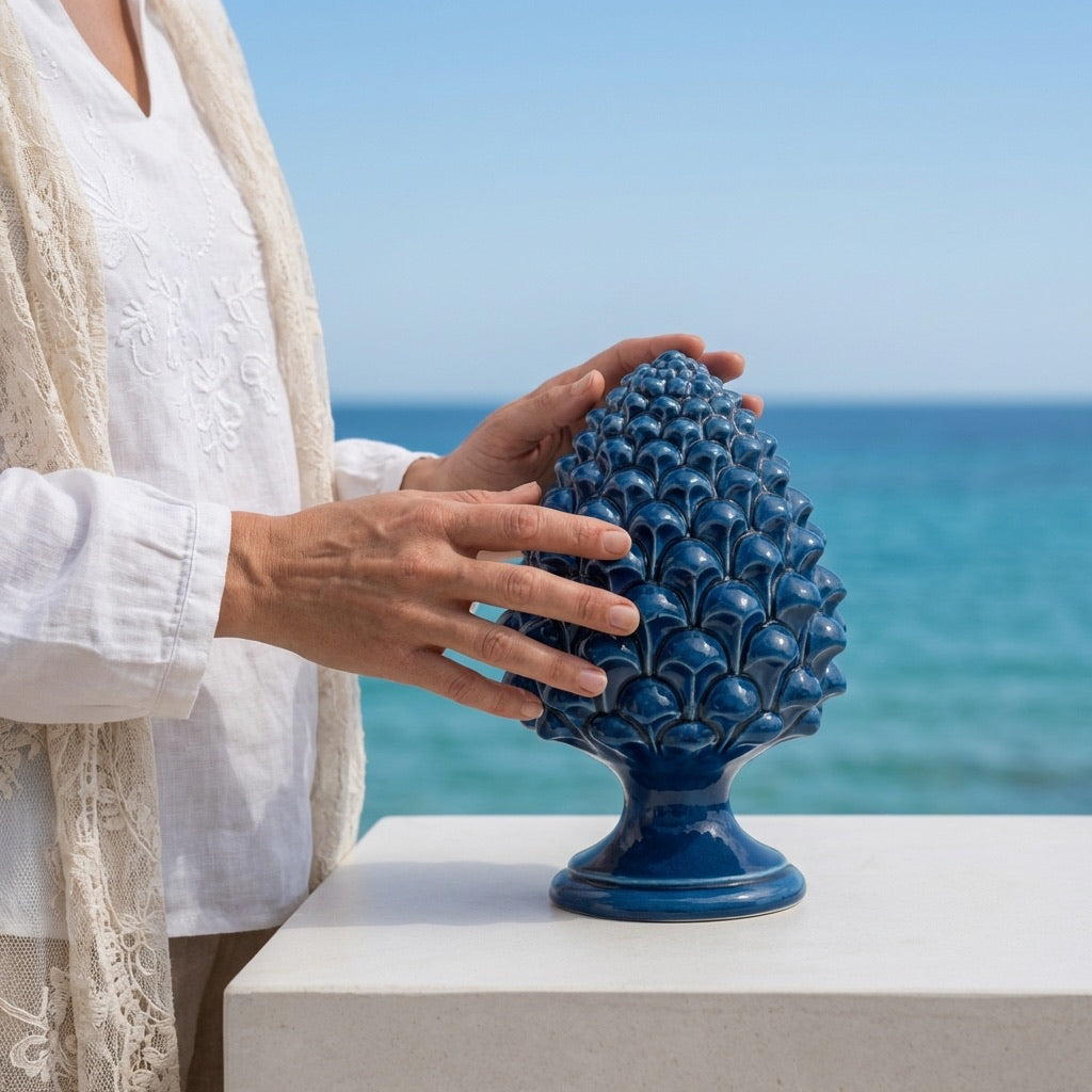 Caltagirone handmade pinecone modeled by hand height 15/35 Blue