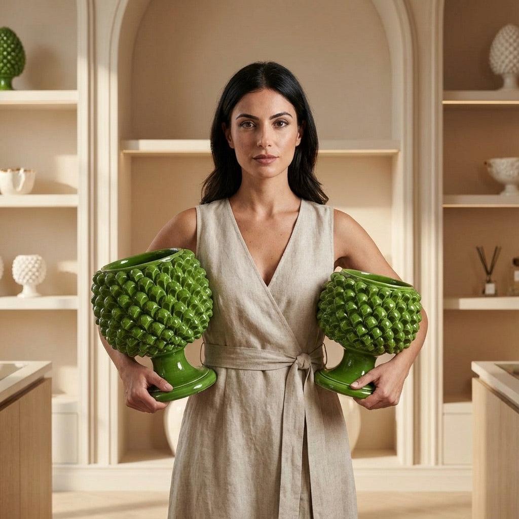 Vaso mezza pigna verde foglia in ceramica di Caltagirone