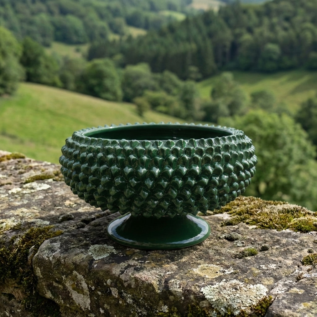 Hand-modeled Caltagirone Pine Cone Stand Antique Green