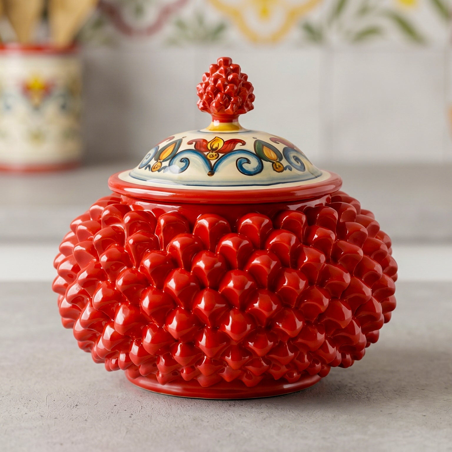 Pine Cone Biscuit Jar Ø 20 cm / 7¾" Fire Red in Caltagirone Ceramic — Decoro Sicily