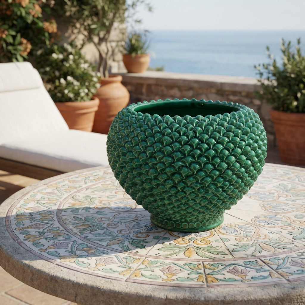 Cachepot a pigna Verde Smeraldo in ceramica artigianale di Caltagirone - Ceramiche di Caltagirone Sofia