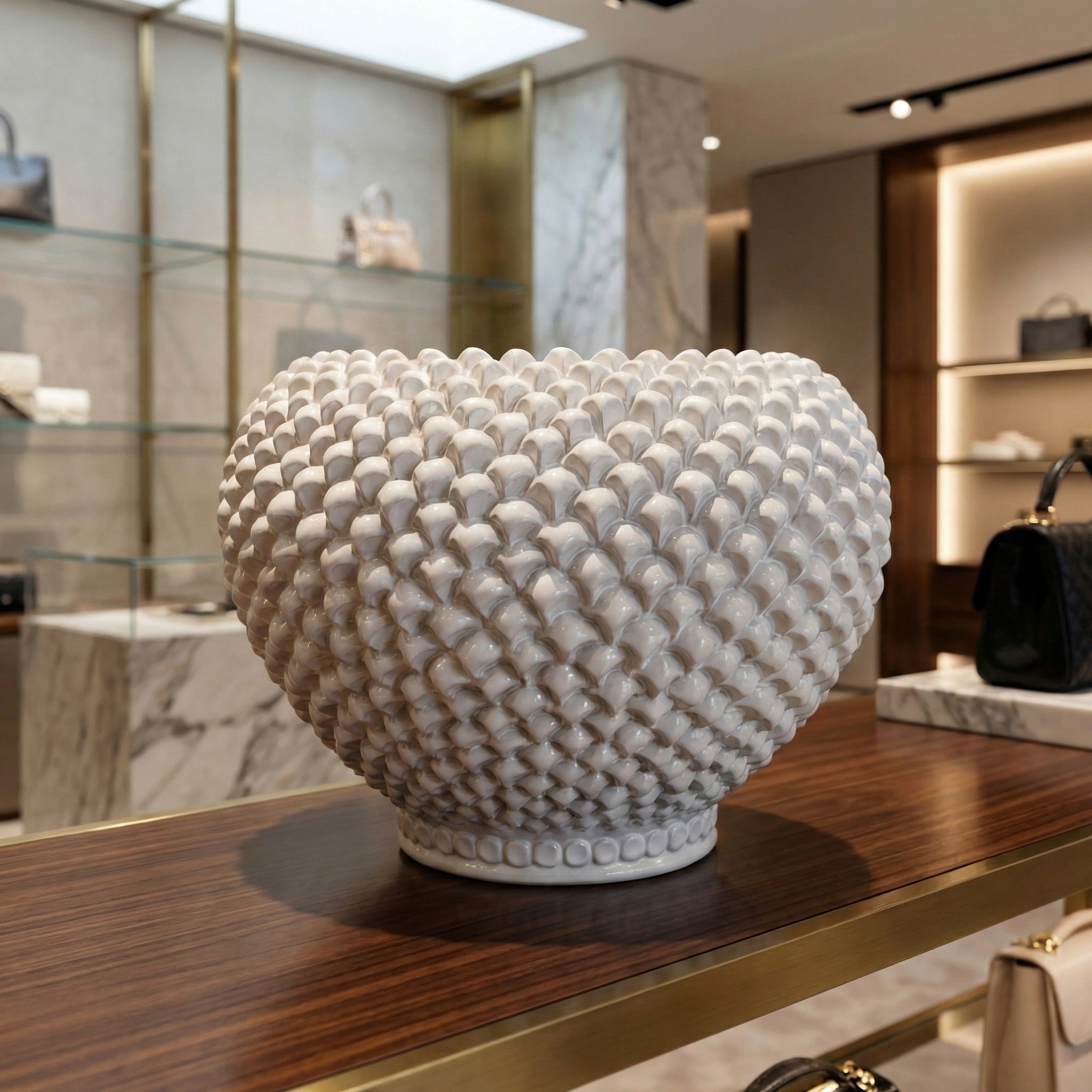 White line pine cone cachepot in handcrafted ceramic from Caltagirone