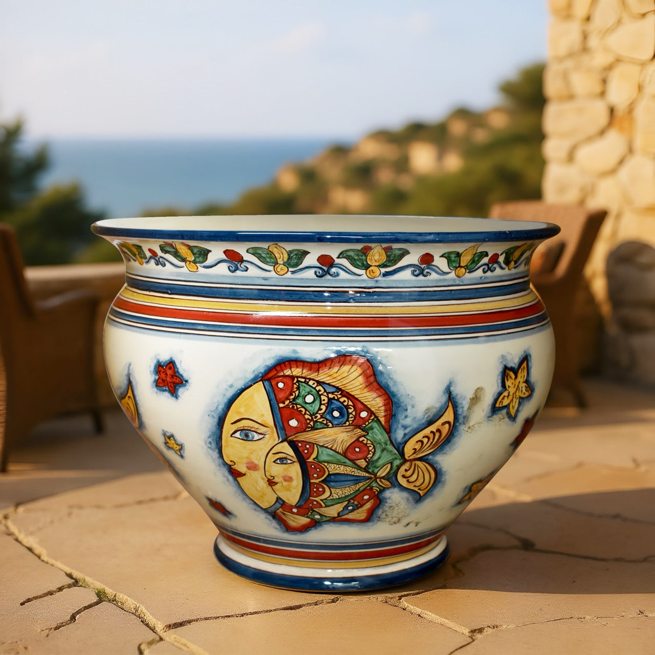 Sicilian ceramic fish decoration cachepot from Caltagirone