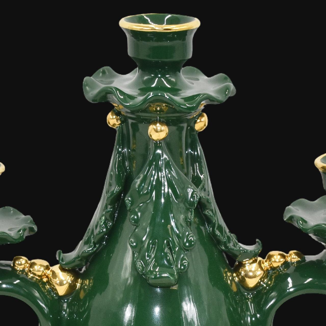 Candelabro in ceramica 3 fuochi h 28 plastico sofia verde e oro - Ceramiche di Caltagirone Sofia