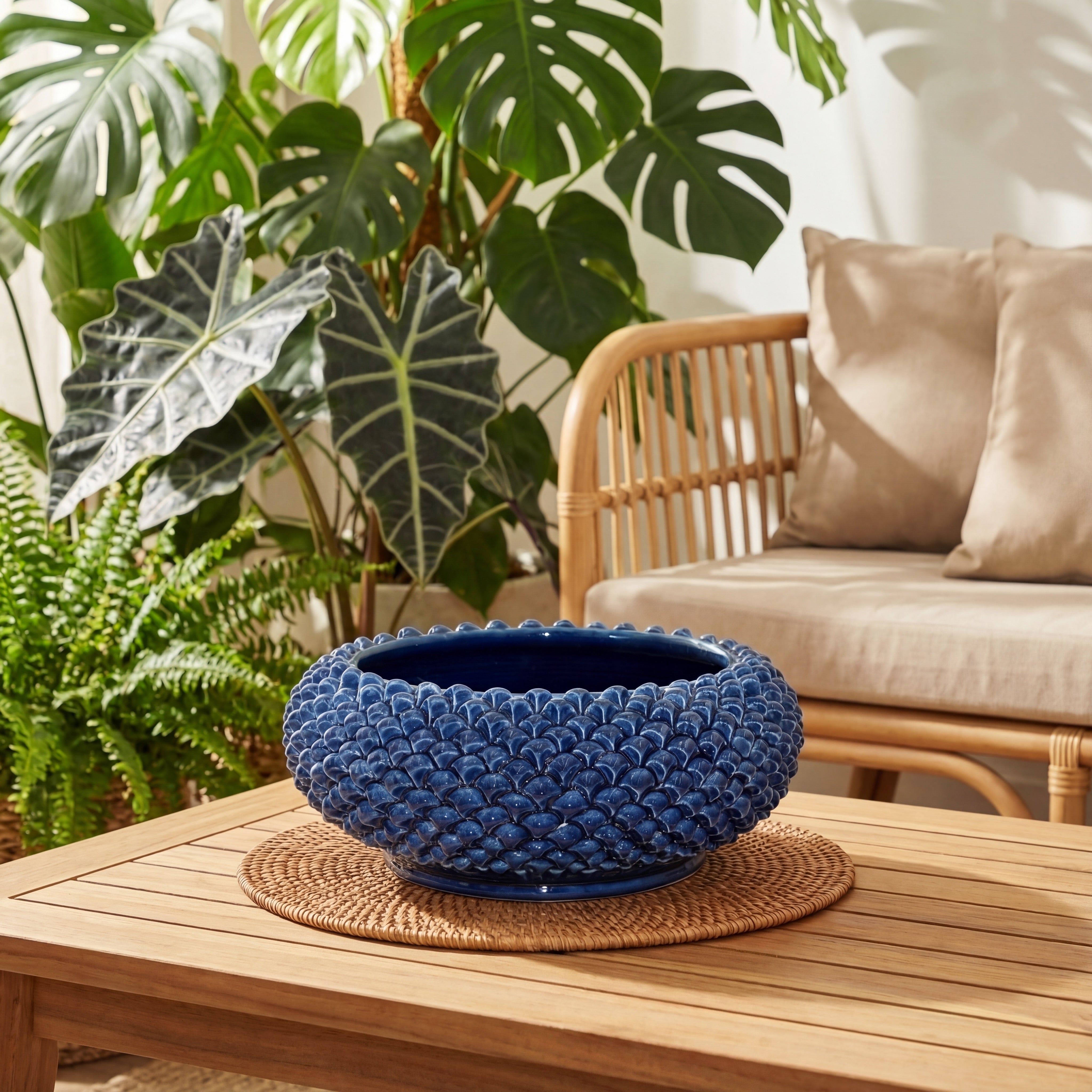 Centrotavola ceramiche Caltagirone fatti a mano blu su tavolo in legno, ambiente moderno