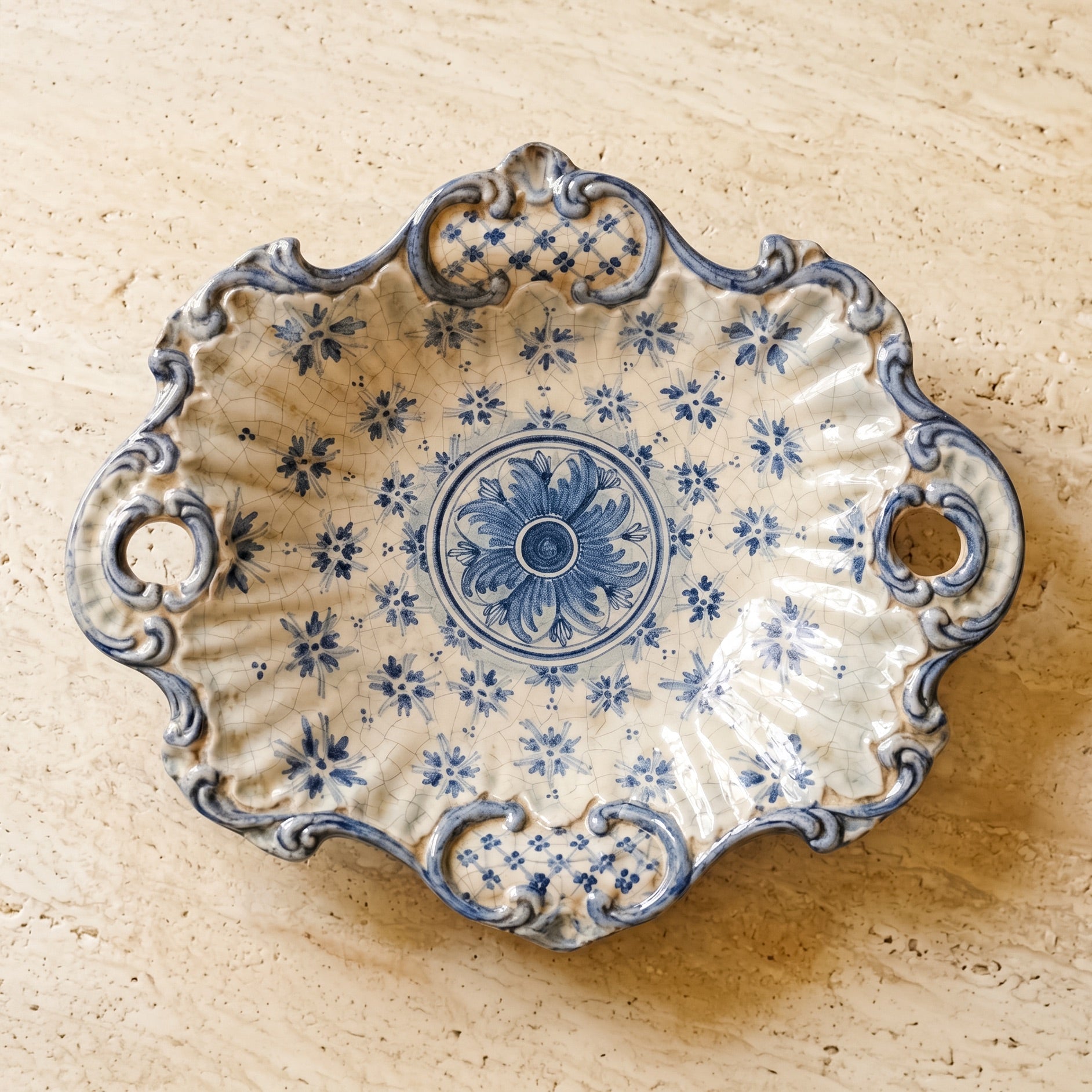 Sicilian Ceramic Centerpiece 38×33 cm / 15×13", Linea Stars, Mono Blue – Italian ceramic from Caltagirone, Sicily
