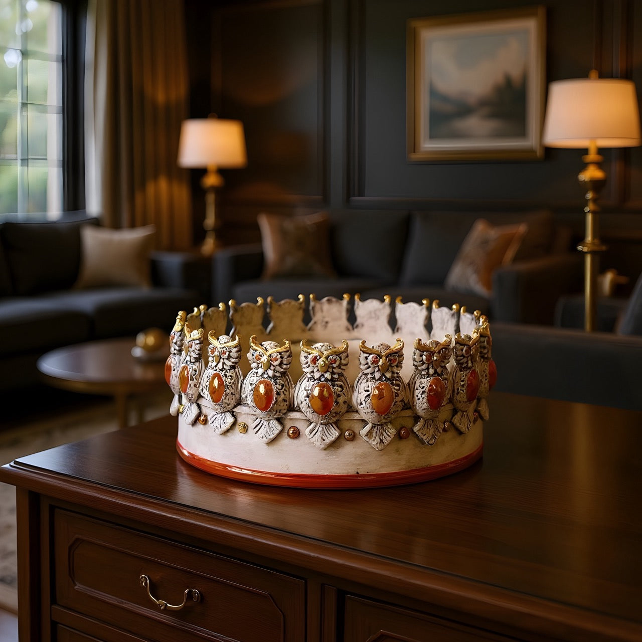 Centrotavola Ø 22 con Gufi in Rilievo - Madreperla Oro e Lustri - Ceramiche di Caltagirone Sofia