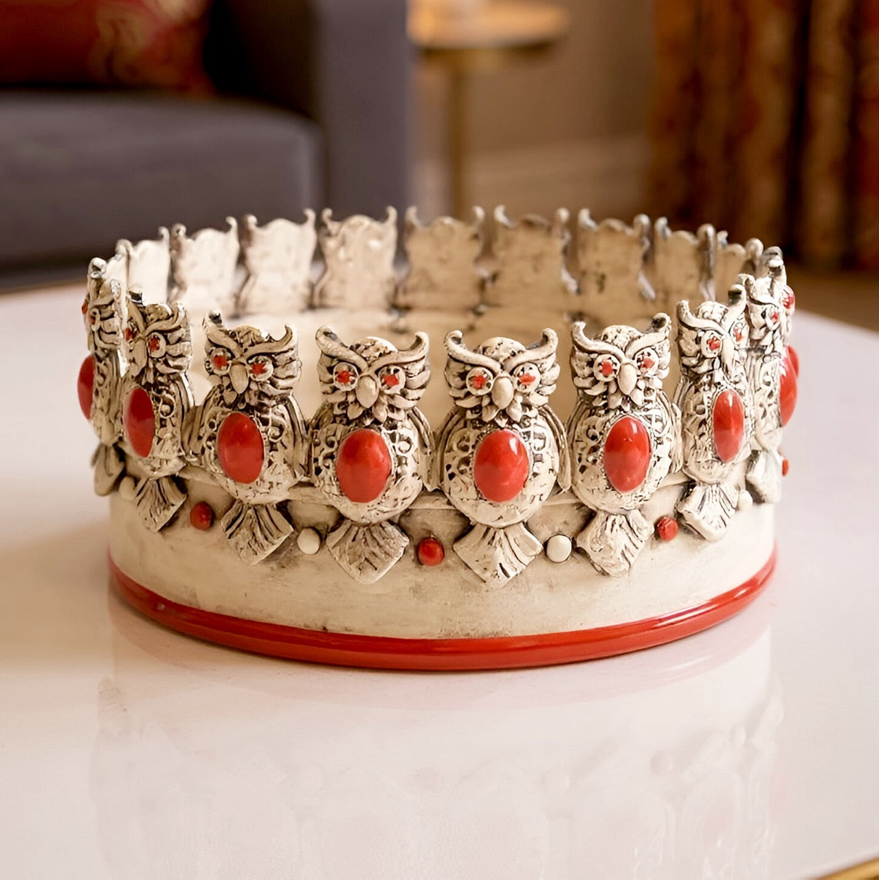 Centrotavola Ø 22 con gufi madreperla antichizzato rosso - Ceramiche di Caltagirone Sofia