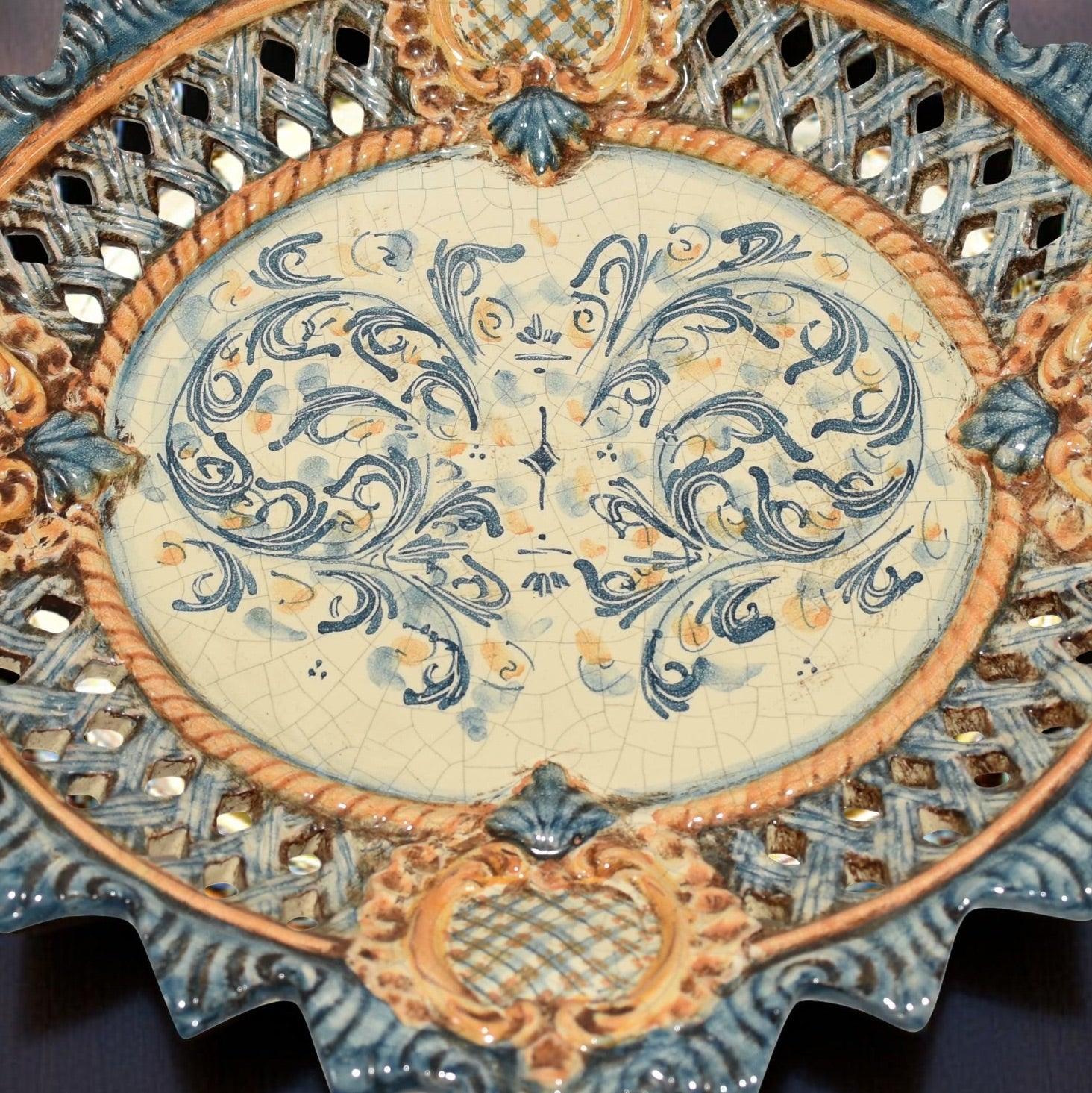 Centrotavola traforato 2° M 42x30 s. d'arte blu e arancio - Ceramiche di Caltagirone Sofia