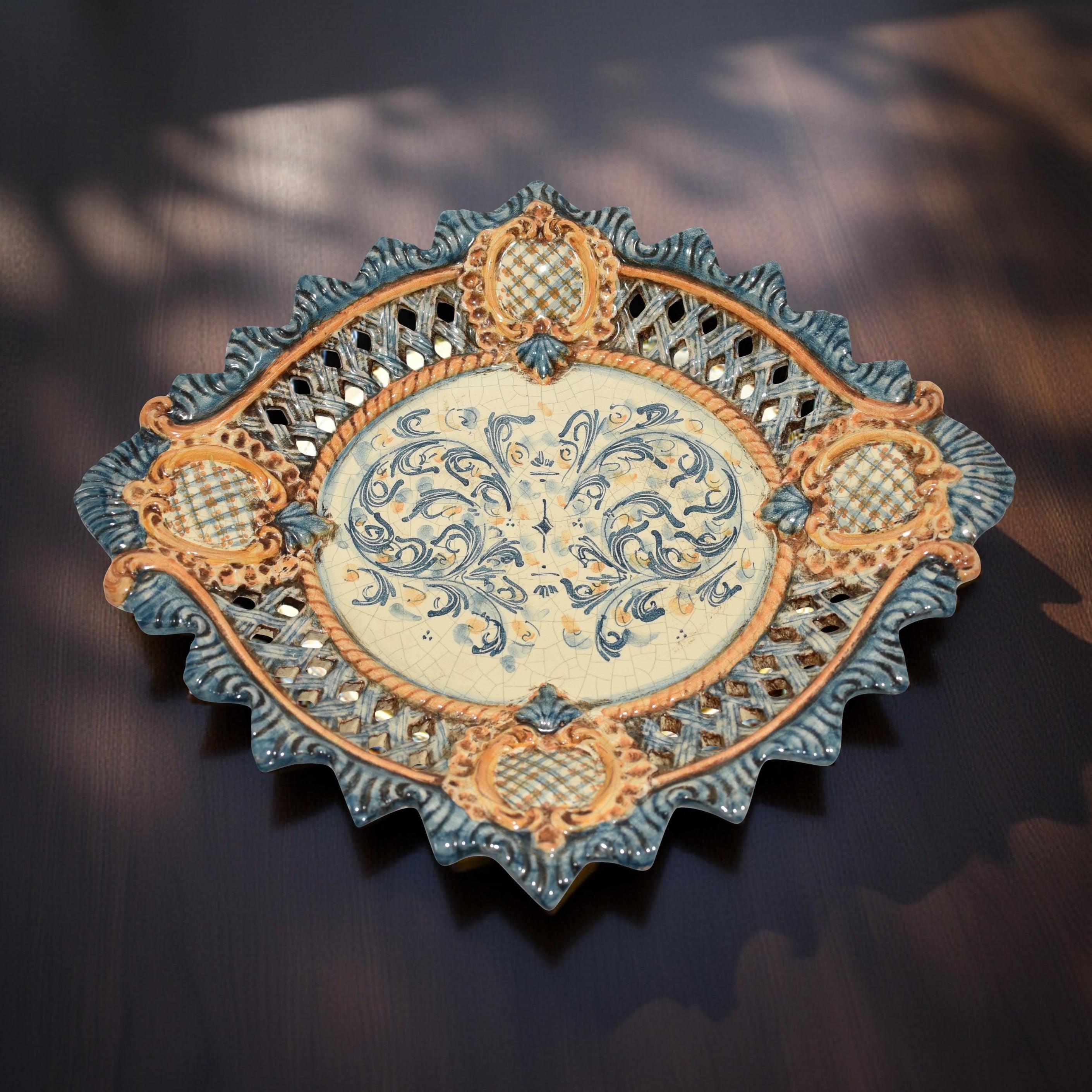 Centrotavola traforato 2° M 42x30 s. d'arte blu e arancio - Ceramiche di Caltagirone Sofia