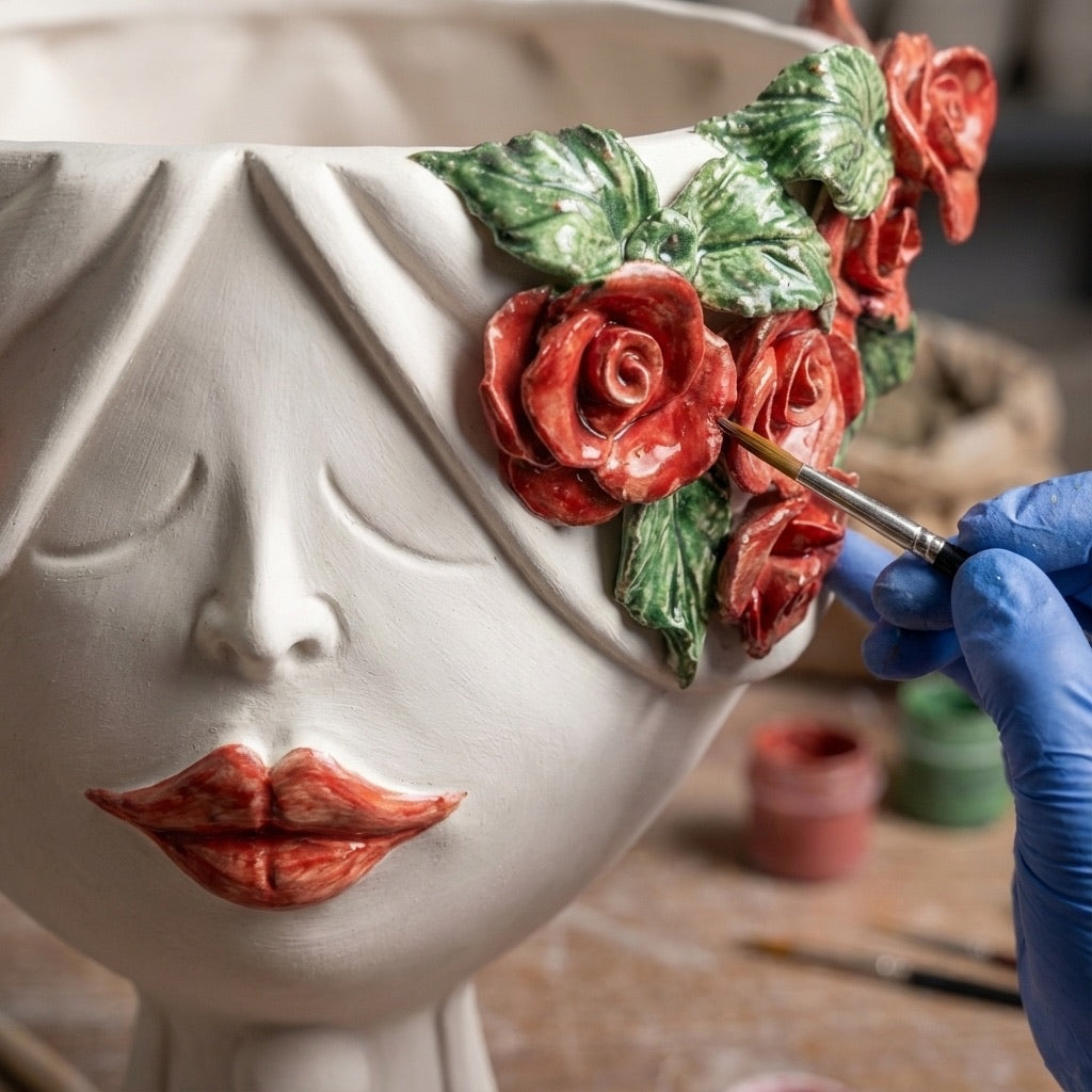 Testa di Moro con rose rosse "Zahira" donna | White and Color 30 cm