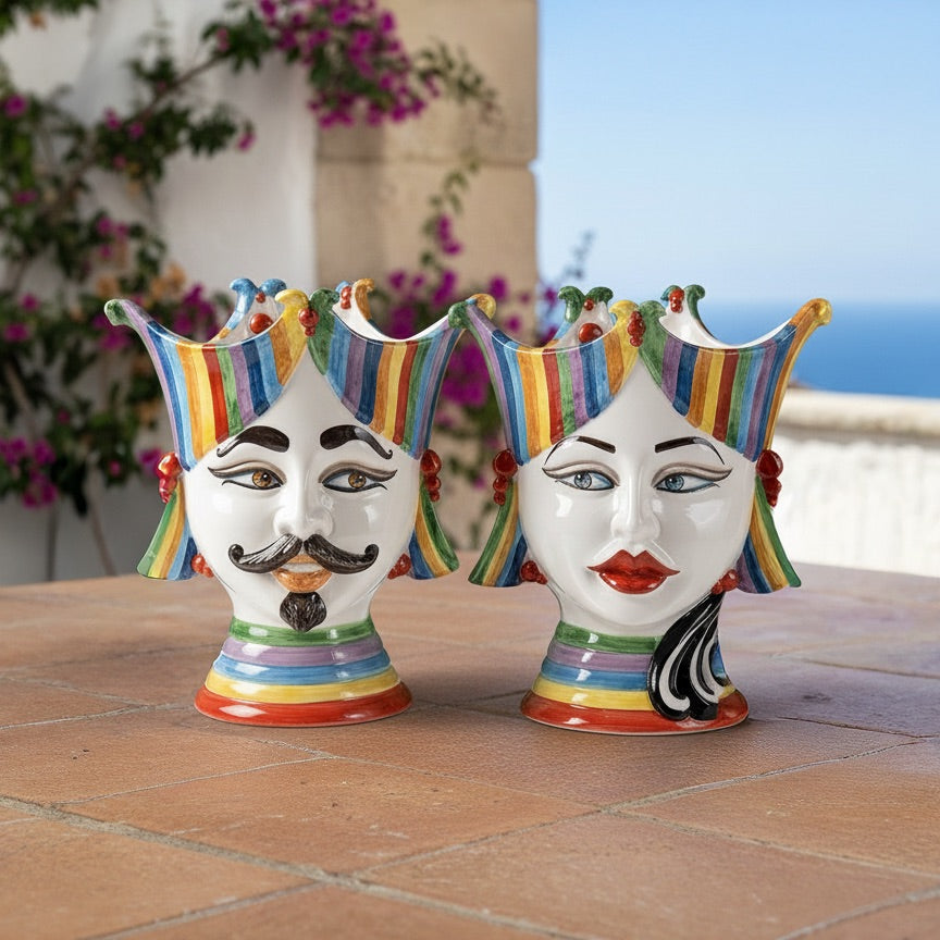 Testa di Moro "Aisha" 25 cm White and Color - Viso Uomo in Ceramica Siciliana