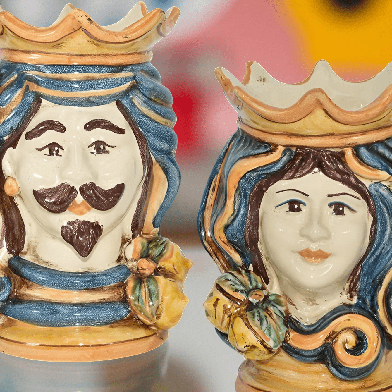 Coppia di Teste di moro h 15 in Blu e Arancio maschio bianco - Ceramiche di Caltagirone Sofia