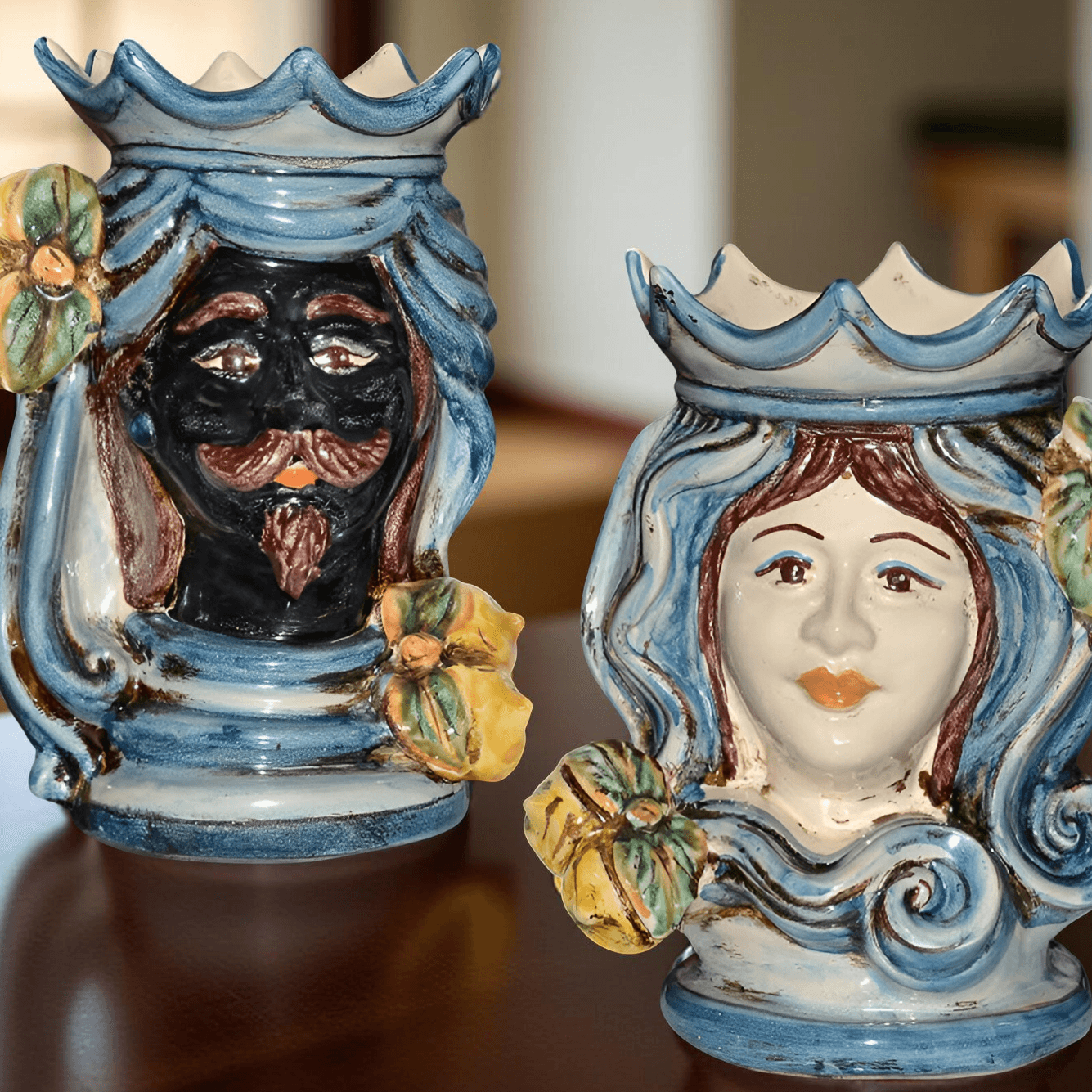 Coppia di Teste di Moro H 15 Mono Blu - Maschio Moro, Ceramiche di Caltagirone - Ceramiche di Caltagirone Sofia