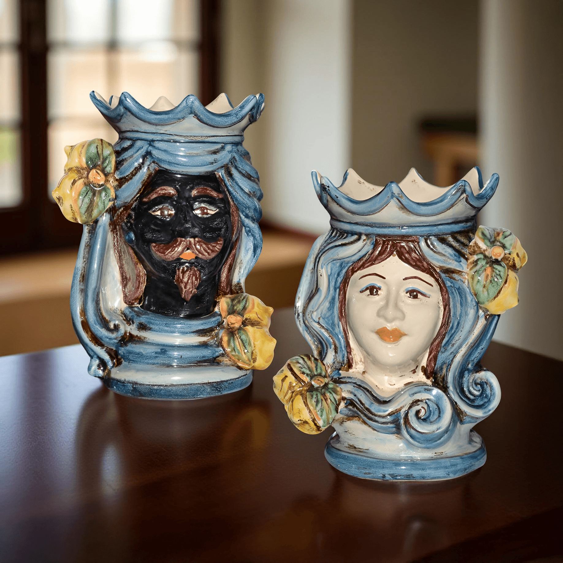 Coppia di Teste di Moro H 15 Mono Blu - Maschio Moro, Ceramiche di Caltagirone - Ceramiche di Caltagirone Sofia