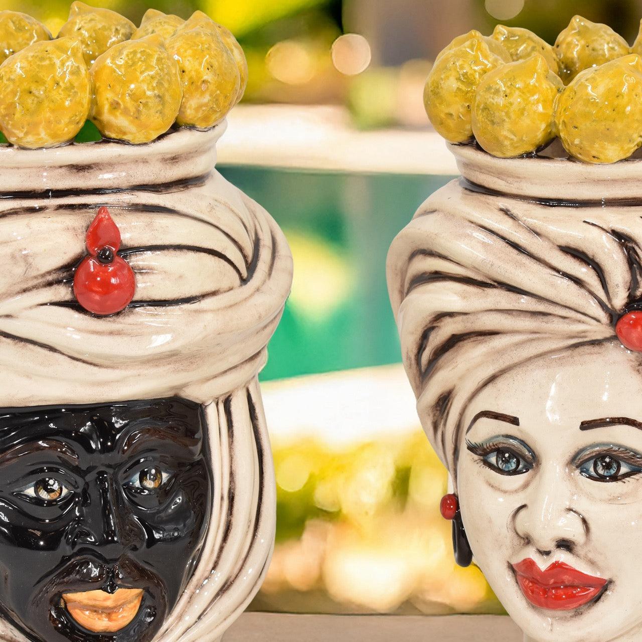 Coppia di Teste h 20 tuareg Limoni Siciliani Madreperla Antichizzato - Ceramiche di Caltagirone Sofia