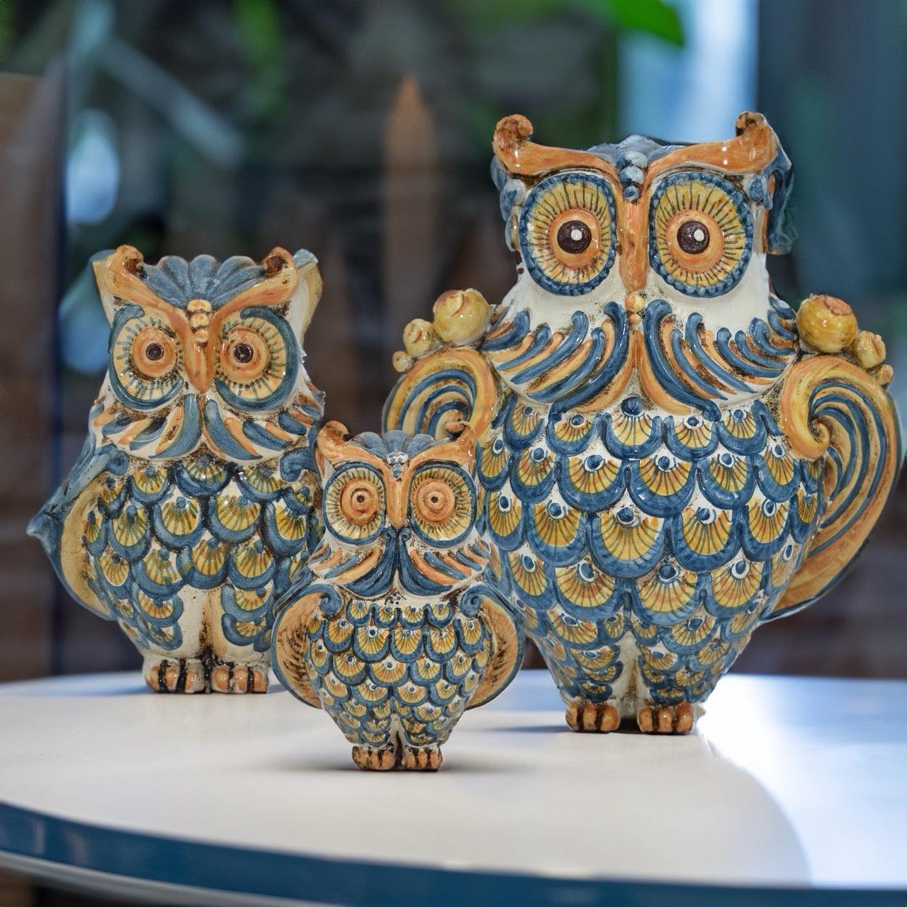 Gufo h 15 blu e arancio - Animali in ceramica - Ceramiche di Caltagirone Sofia
