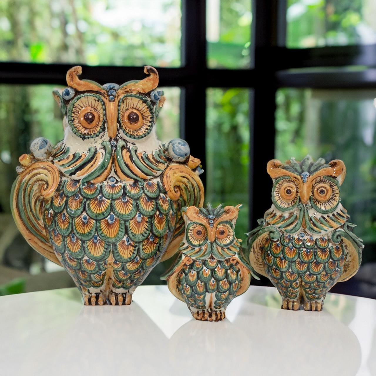 Gufo h 30 verde/arancio - Animali in ceramica - Ceramiche di Caltagirone Sofia