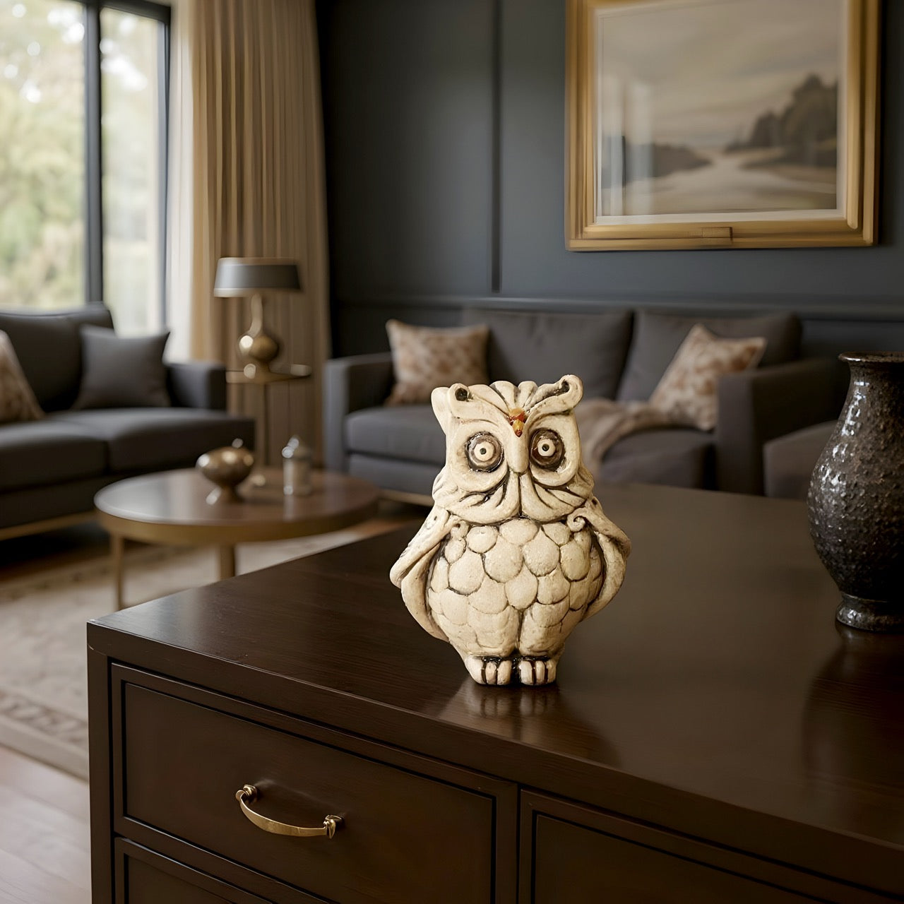 Gufo in ceramica h 30 madreperla antichizzato oro e lustri - Ceramiche di Caltagirone Sofia